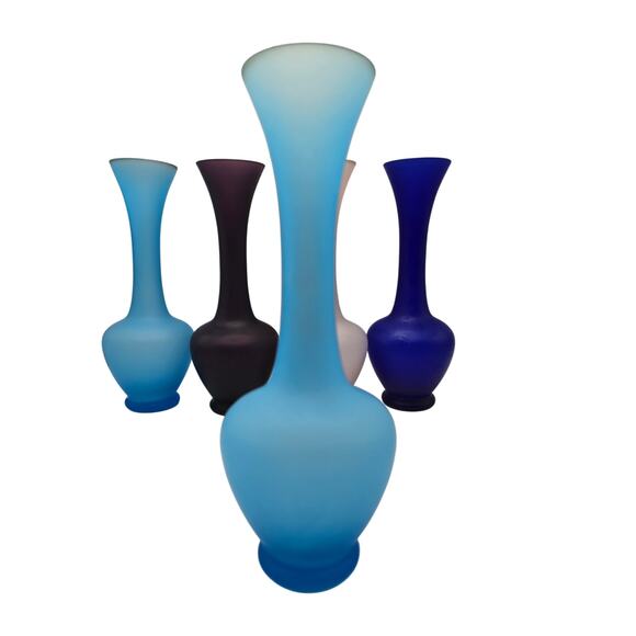 Set of 5 Colored Satin Glass Bud Vases 7.5" Tall EUC - Picture 8 of 12